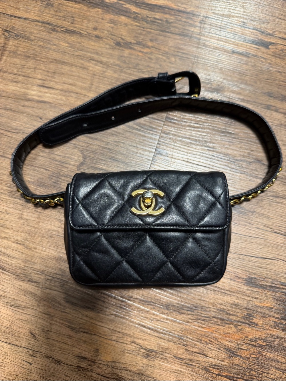 CHANEL Black Quilted Leather Belt Bag with Gold CC